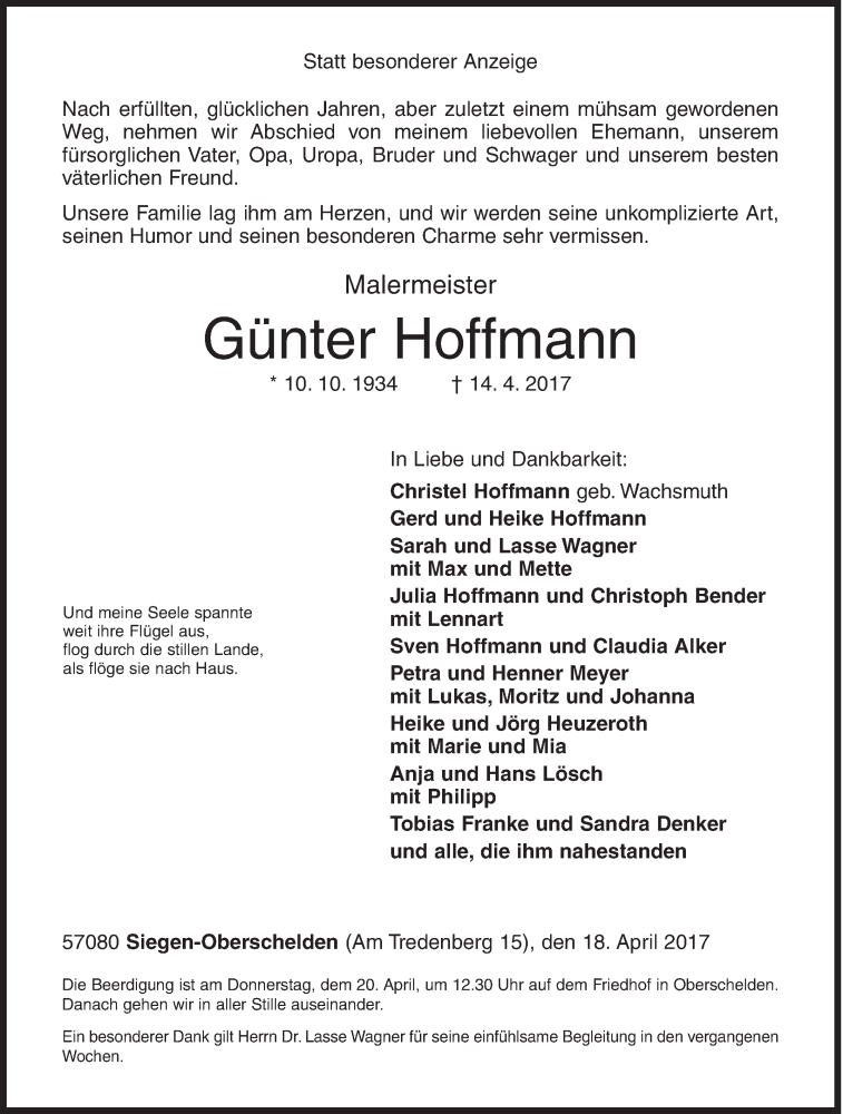  Traueranzeige für Günter Hoffmann vom 18.04.2017 aus Siegener Zeitung
