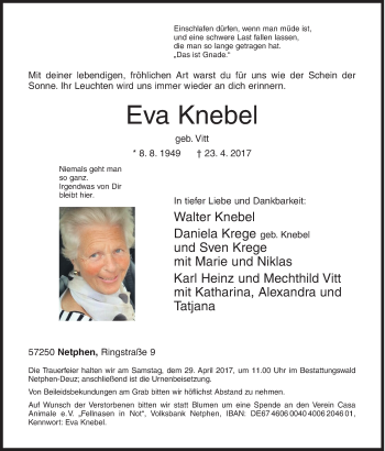 Traueranzeige von Eva Knebel von Siegener Zeitung