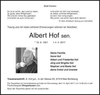 Traueranzeige von Albert Hof sen. von Siegener Zeitung