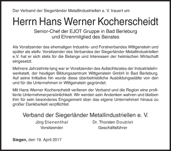 Traueranzeige von Hans Werner Kocherscheidt von Siegener Zeitung