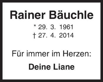 Traueranzeige von Rainer Bäuchle von Siegener Zeitung