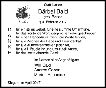 Traueranzeige von Bärbel Bald von Siegener Zeitung
