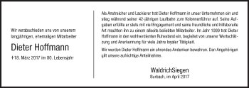 Traueranzeige von Dieter Hoffmann von Siegener Zeitung