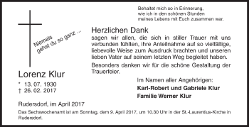 Traueranzeige von Lorenz Klur von Siegener Zeitung
