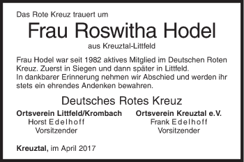 Traueranzeige von Roswitha Hodel von Siegener Zeitung