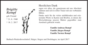 Traueranzeige von Brigitte Rompf von Siegener Zeitung