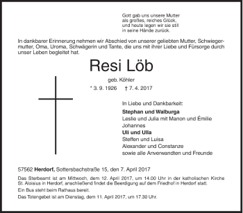 Traueranzeige von Resi Löb von Siegener Zeitung