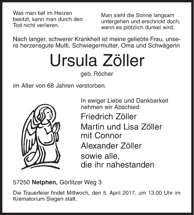  Traueranzeige für Ursula Zöller vom 01.04.2017 aus Siegener Zeitung