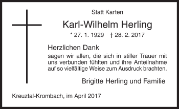 Traueranzeige von Karl-Wilhelm Herling von Siegener Zeitung