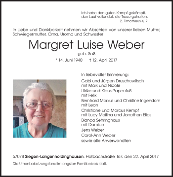 Traueranzeige von Margret Luise Weber von Siegener Zeitung