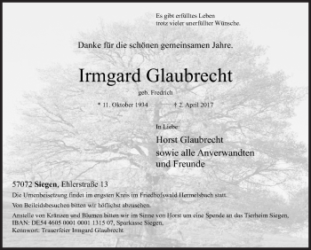 Traueranzeige von Irmgard Glaubrecht von Siegener Zeitung