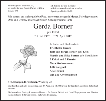 Traueranzeige von Gerda Borner von Siegener Zeitung