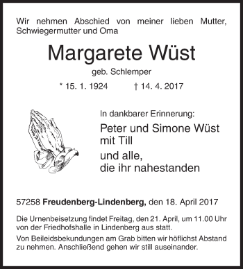 Traueranzeige von Margarete Wüst von Siegener Zeitung