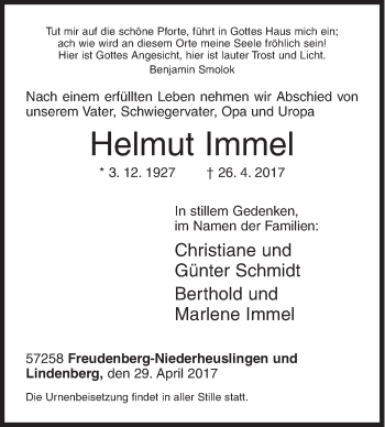 Traueranzeige von Helmut Immel von Siegener Zeitung
