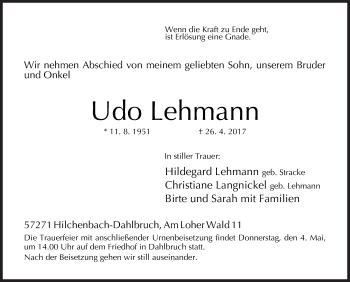 Traueranzeige von Udo Lehmann von Siegener Zeitung