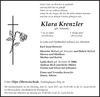 Traueranzeige von Klara Krenzler von Siegener Zeitung