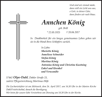 Traueranzeige von Annchen König von Siegener Zeitung