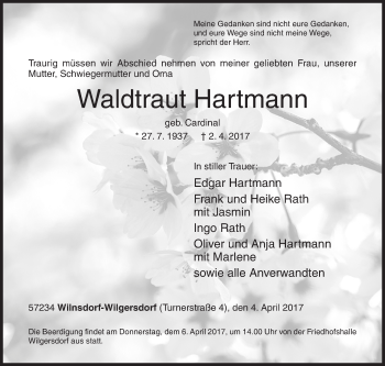 Traueranzeige von Waldtraut Hartmann von Siegener Zeitung