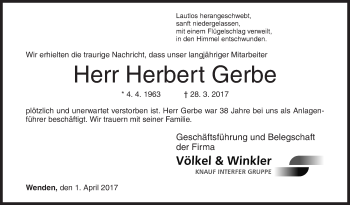Traueranzeige von Herbert Gerbe von Siegener Zeitung