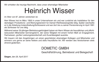 Traueranzeige von Heinrich Wisser von Siegener Zeitung