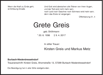 Traueranzeige von Grete Greis von Siegener Zeitung