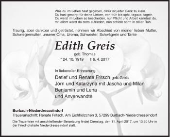 Traueranzeige von Edith Greis von Siegener Zeitung