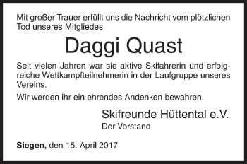 Traueranzeige von Daggi Quast von Siegener Zeitung