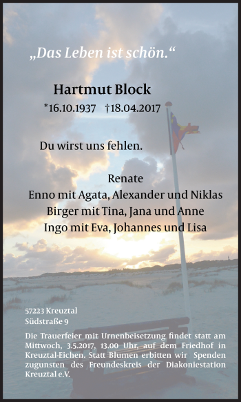 Traueranzeige von Hartmut Block von Siegener Zeitung