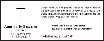 Traueranzeige von Annemarie Duschner von Siegener Zeitung