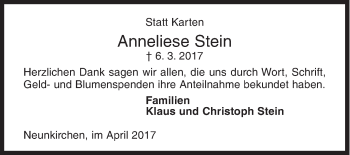 Traueranzeige von Anneliese Stein von Siegener Zeitung