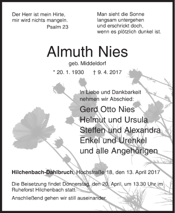 Traueranzeige von Almuth Nies von Siegener Zeitung