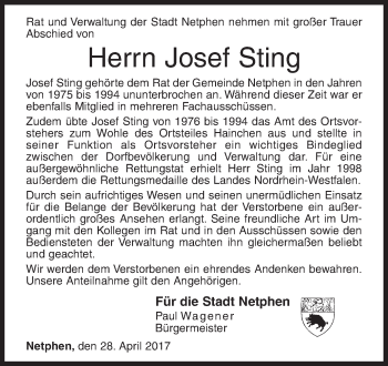 Traueranzeige von Josef Sting von Siegener Zeitung