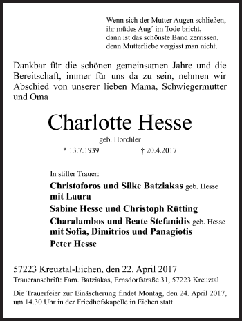 Traueranzeige von Charlotte Hesse von Siegener Zeitung