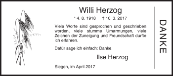 Traueranzeige von Willi Herzog von Siegener Zeitung