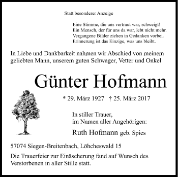 Traueranzeige von Günter Hofmann von Siegener Zeitung