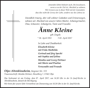 Traueranzeige von Änne Kleine von Siegener Zeitung