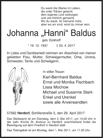 Traueranzeige von Johanna  Baldus von Siegener Zeitung