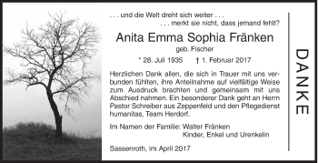 Traueranzeige von Anita Emma Sophia Fränken von Siegener Zeitung