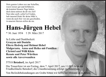 Traueranzeige von Hans-Jürgen Hebel von Siegener Zeitung