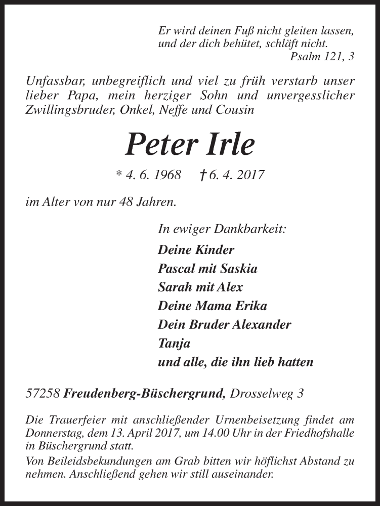  Traueranzeige für Peter Irle vom 11.04.2017 aus Siegener Zeitung