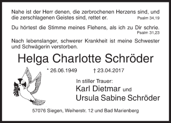 Traueranzeige von Helga Charlotte Schröder von Siegener Zeitung