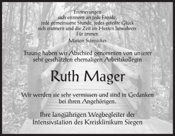 Traueranzeige von Ruth Mager von Siegener Zeitung