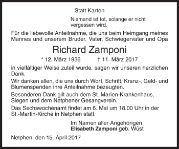 Traueranzeige von Richard Zamponi von Siegener Zeitung
