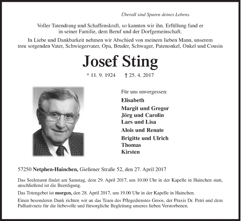  Traueranzeige für Josef Sting vom 27.04.2017 aus Siegener Zeitung