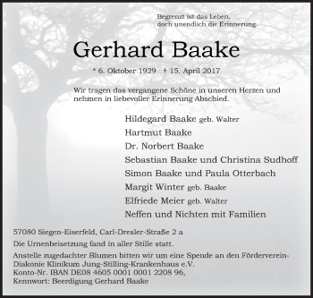 Traueranzeige von Gerhard Baake von Siegener Zeitung