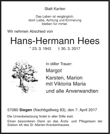 Traueranzeige von Hans-Hermann Hees von Siegener Zeitung