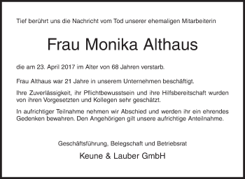 Traueranzeige von Monika Althaus von Siegener Zeitung