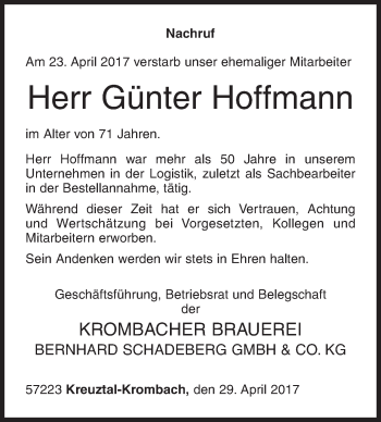 Traueranzeige von Günter Hoffmann von Siegener Zeitung