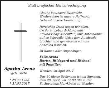 Traueranzeige von Agatha Arens von Siegener Zeitung