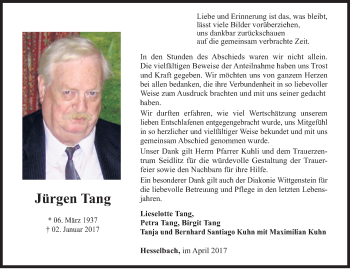 Traueranzeige von Jürgen Tang von Siegener Zeitung